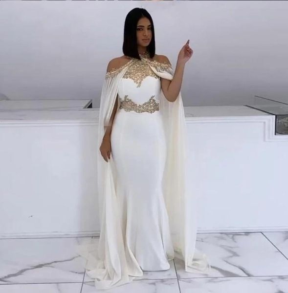 

mermaid evening dresses 2021 halter off shoulder white and gold lace vestaglia donna cape arabic dubai formal long elegant prom pa5539427, Black;red