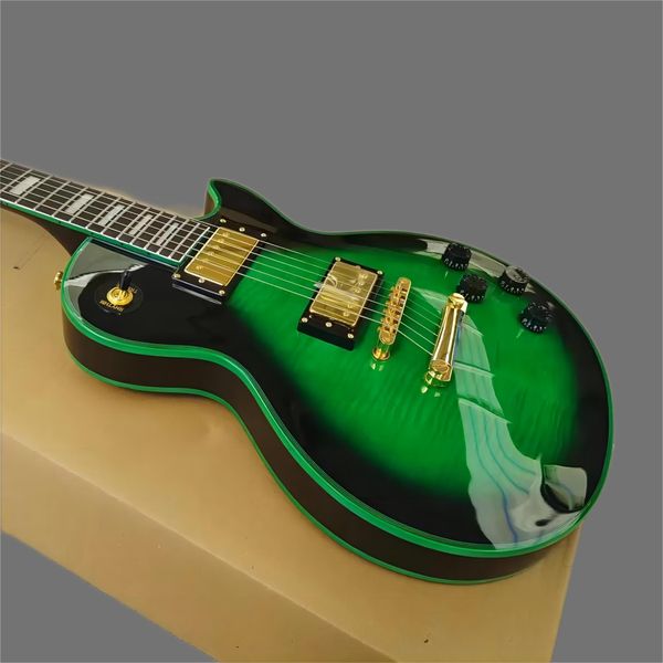

custom electric guitar with green and purple logo, good tiger pattern, gold accessories, fast delivery