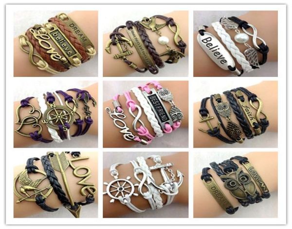 

30pcs 283 designs leather bracelet antique anchor love peach heart owl bird believe pearl knitting bronze charm bracelets c21822445588, Golden;silver
