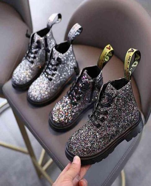 

2020 new autumn girls boys short fashion boots leather bling kids martin boots rubber comfortable children039s snow boots sneak6651231511, Black;grey