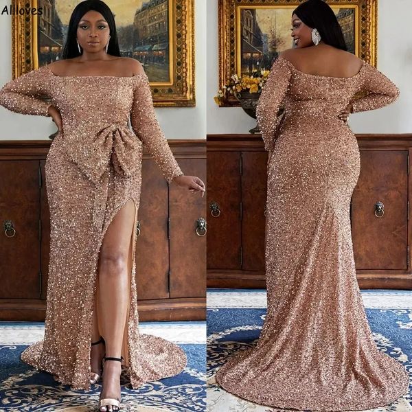 

rose gold sequined shiny evening dresses for african girls long sleeves big bow women special occasion formal party gowns plus size side spl, Black;red
