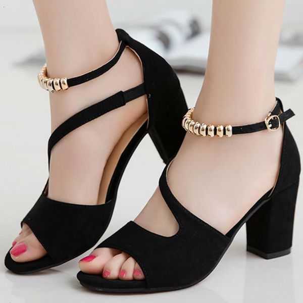 

slippers spring summer fish mouth hollow roman sandals thick with word beaded high heels female 230803, Black