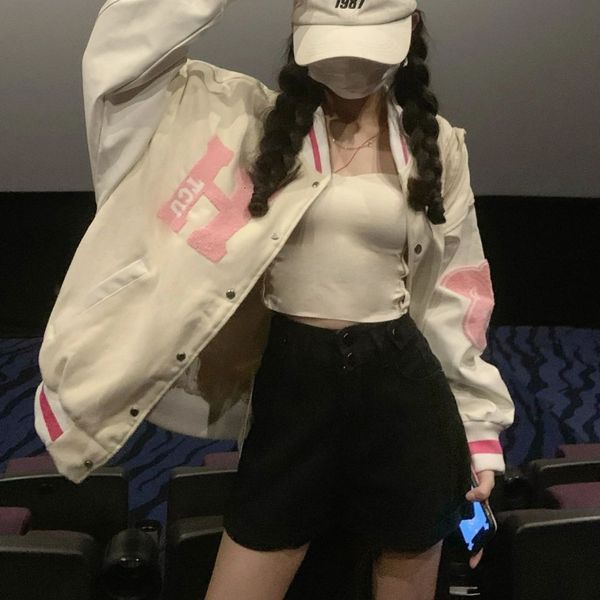 

women's jackets houzhou japanese y2k bomber jacket women pink cute college varsity winter jackets korean fashion streetwear oversized a, Black;brown