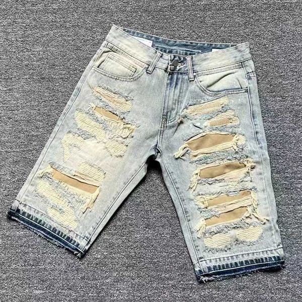 

men's summer washed denim shorts, worn out and torn half pants, Blue