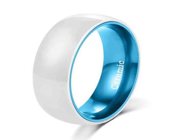 

poya white ceramic ring mens womens wedding band with blue aluminum liner comfort fit h22041423634967105, Golden;silver