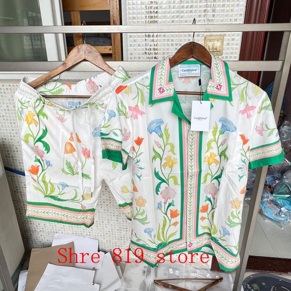 

men's casual shirts colorful floral print casablanca short set thin silk flowers letters suit men women hawaii beach surf shorts shirt, White;black