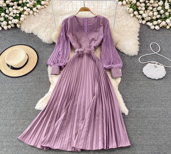

spring autumn vintage women pleated long dress with belt purpleyellowbeige vestidos elegant vneck lantern sleeve maxi robe 20222212483, Black