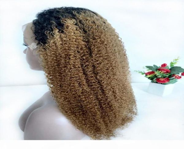 

1b 27 honey blonde lace front wig raw indian kinky curly ombre human hair colored wigs pre plucked blonde curly t part frontal nat8681188, Black;brown