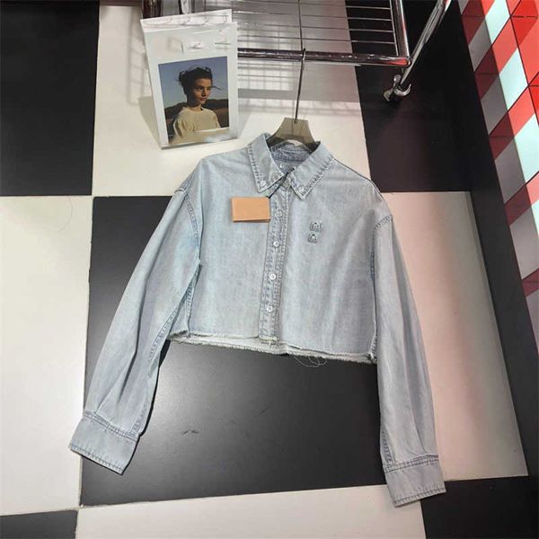 

2023 summer new letter burnt flower hem handmade silk edge design soft short denim shirt, White