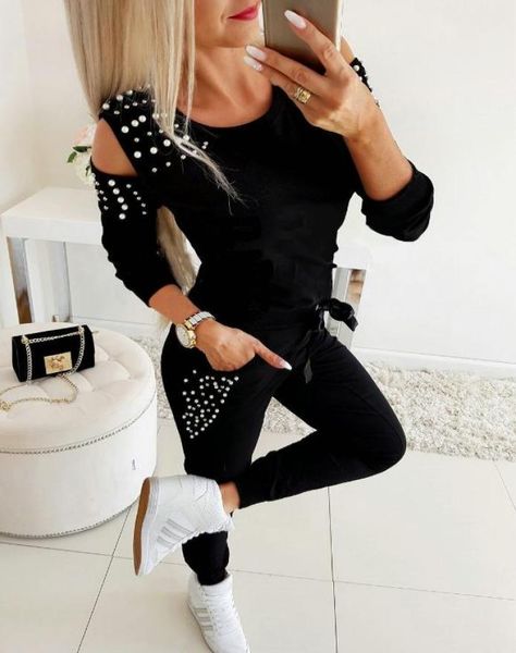 

women039s jogger tracksuit 2019 spring winter casual tracksuit 2pcs sets long cold shoulder beading sweatshirt and pant2352838, White