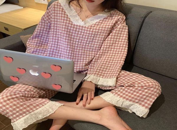 

sweet pajamas set women cotton stitch pyjama student spring sleepwear long sleeve pants lace vneck homewear 2011026020490, Black;red
