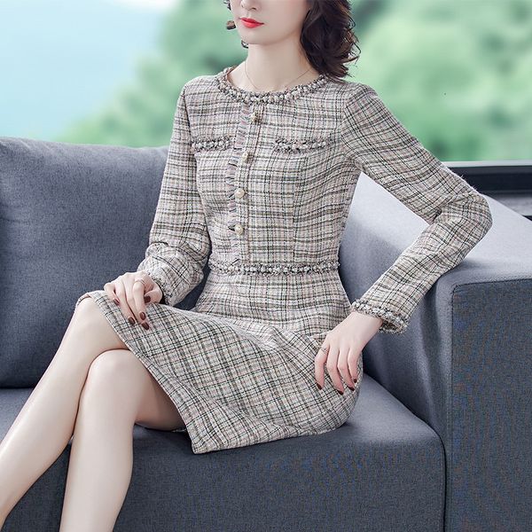 

basic casual dresses autumn and winter 2020 new tweed nail bead celebrity temperament small fragrance long sleeve dress 210531, Black;gray
