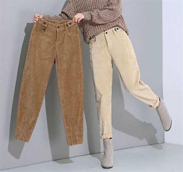 

lucyever autumn winter casual warm pants women elegant corduroy harem female vintage brown button high waist trousers 2111196661409, Black;white