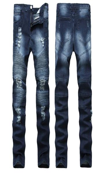 

high street trend hole jeans european and american men039s locomotives wrinkles slim pants biker jeans nostalgia8097488, Blue