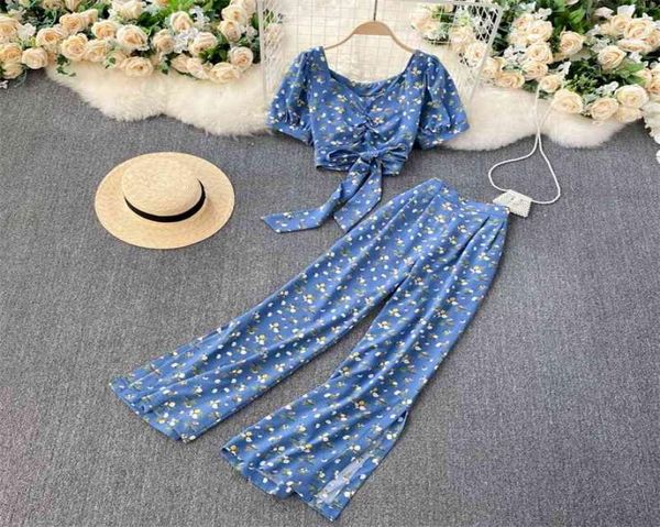 

temperament fashion bohemian spring floral sets two-piece bow tie short women high-waist wide-leg pants c279 210063614082, White