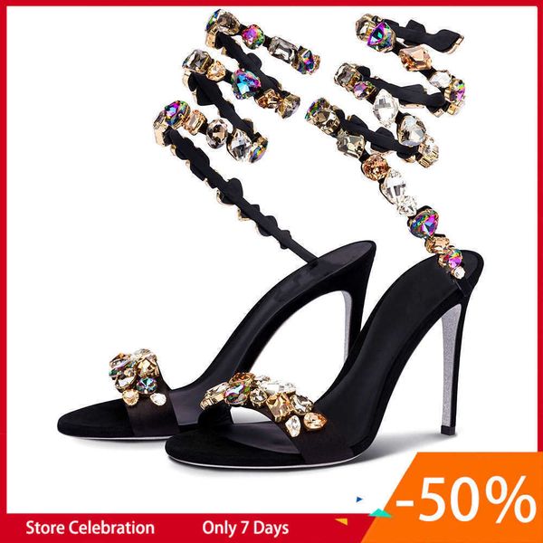 

2023 summer new snake shaped high heel sandals water diamond fashion colorful stone sheepskin silver sole banquet shoes00, Black