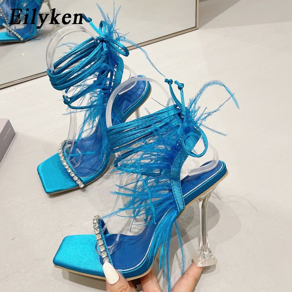 

slippers eilyken fashion summer feather women sandals laceup crosstied gladiator square toe ladies high heel shoes 230803, Black