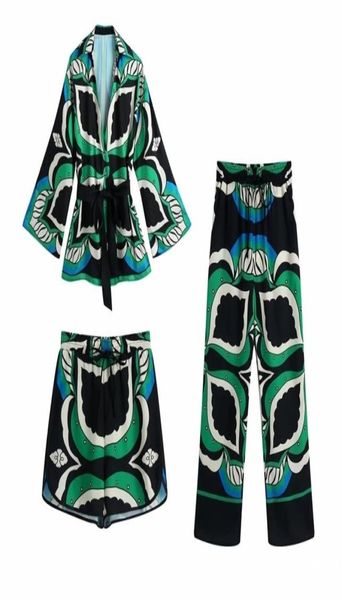 

nlzgmsj za women 2 piece set summer long pant s print bow kimono blousehigh waist casual shorts woman outfit suit 06 2111066539471, White