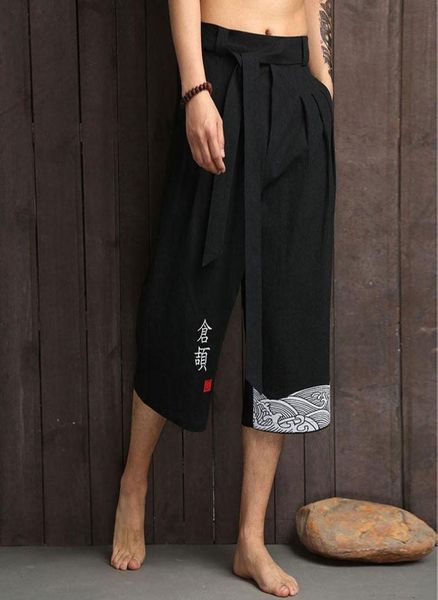 

men039s pants korean kimono traditional style summer casual widelength print male cropped trousers streetwear drop6961621, Black