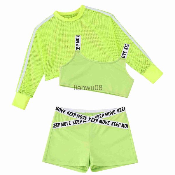 

clothing sets hip hop girls clothing jazz costumes kids tracksuit suit sport bra vest crop with net cover up and shorts dance outfits x0803, White