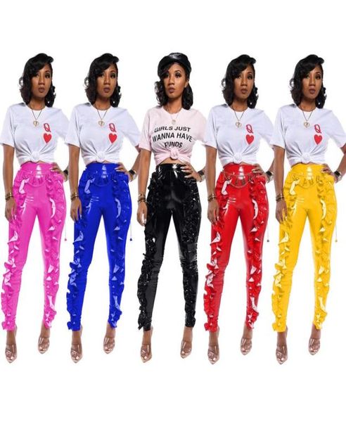 

women039s faux leather pants ruffle pu trousers club capris zipper high waist casual long pant black red blue yellow rose 4847804, Black;white