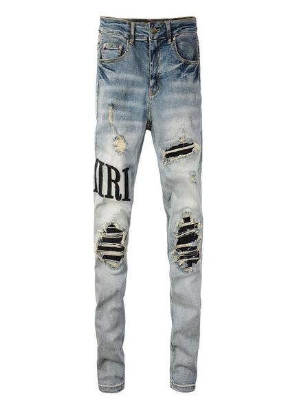 

men039s jeans light blue distressed patch streetwear slim embroidered leather letter pattern damaged skinny stretch ripped jean9112216