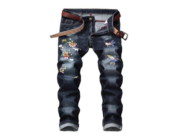 

men039s jeans mens style floral embroidery full length denim pants straight runway fashion washed elastic trousers3717011, Blue