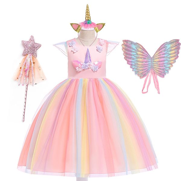 

girl's dresses unicorn girls knee dress kids birthday party princess lolita costume for halloween christmas children ball stage disfraz, Red;yellow