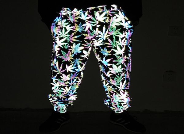 

men039s pants colorful reflective leaf men harajuku cargo pants hip hop reflect light night jogging clothing5524258, Black