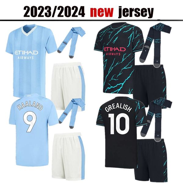 

manchester kids kit socks soccer jersey 23 24 g. jesus city grealish haaland sterling ferran de bruyne foden 2023 2024 football shirts unifo, Black