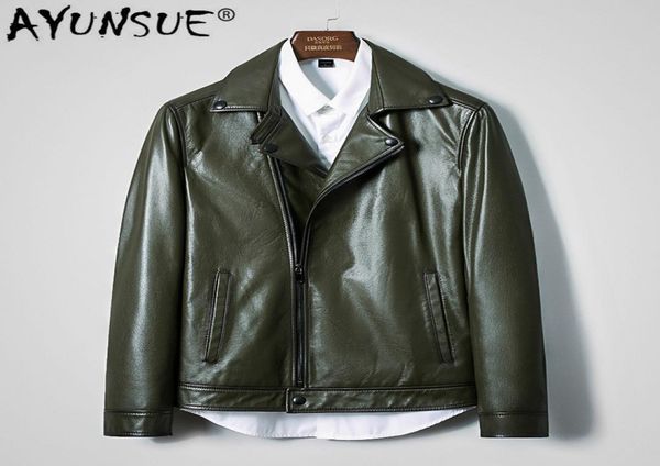 

ayunsue genuine leather jacket men spring autumn cowhide coat short dark green mens leather jackets korean deri mont kj27263150574, Black