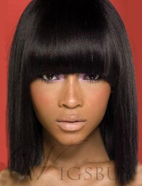 

unique medium straight with full bangs capless hair wig0123202775, Black;brown