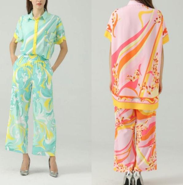 

european and american highquality ladies twopiece pants printed lapel shirt elastic waist trousers99861168297817, White