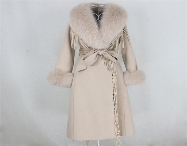 

oftbuy xlong tassel cashmere wool blends real fur coat belt winter jacket women natural fox fur collar cuffs streetwear 2012156024283, Black
