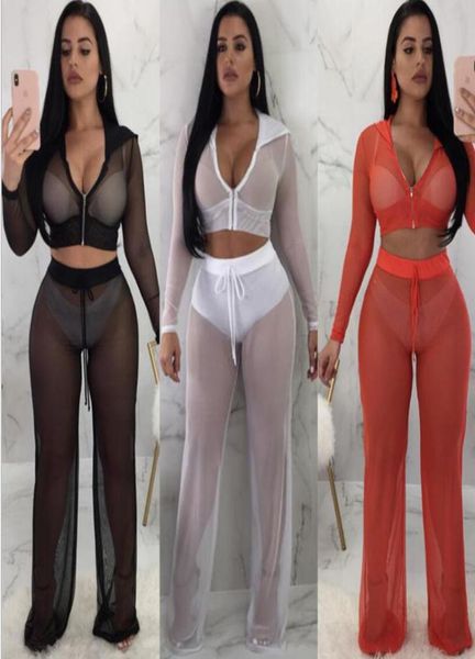

womens mesh openwork zipper tide suits womens bikini beach hoodies crop pants bathing suit summer beach wear mesh b8515824, White