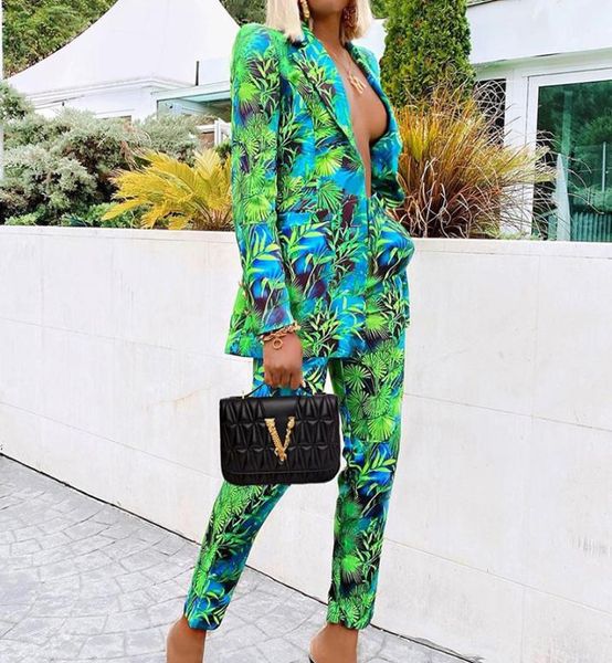 

new pant suits green jungle printed blazer women vintage streetwear 2 piece set long sleeve coat high waist trouser autumn 2010305993742, White