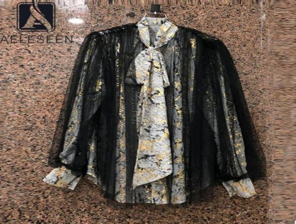 

aeleseen runway fashion spring autumn blouse bow mesh pachwork leopard print party holiday casual shirts 139459201966788, White