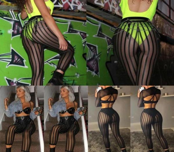 

women039s pants capris women striped mesh perspective leggings ladies tight knee length sports workout gym stretchy part3880560, Black;white