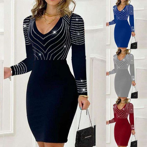 

autumn and winter nightclub diamond v neck long sleeved dress for women, Black;gray