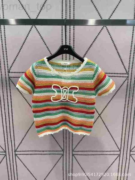 

women's t-shirt designer ce family's 23 summer new rainbow contrast knitted hollow with 3d embroidery technology, fashionable and, White