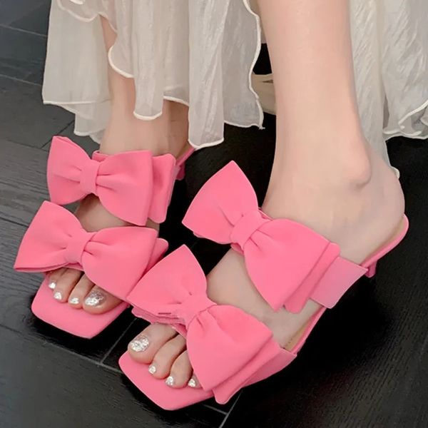 

summer thin high heels square toe modern slippers women big bow-knot decor sandals ladies runway party banquet shoes, Black