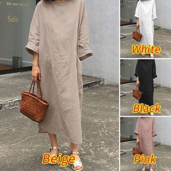 

autumn art casual womens long sleeved round collar pure color dress x large kaftan, Black;gray