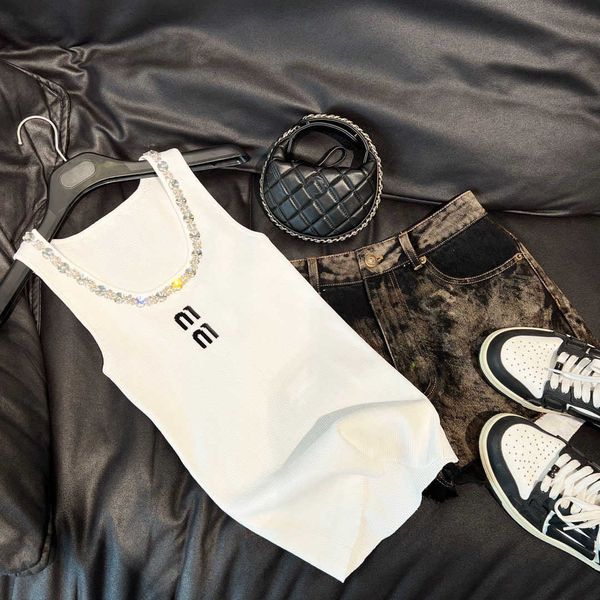 

knitted tank women's 23 summer neckline beaded letter embroidery slim fit sleeveless top, White;black