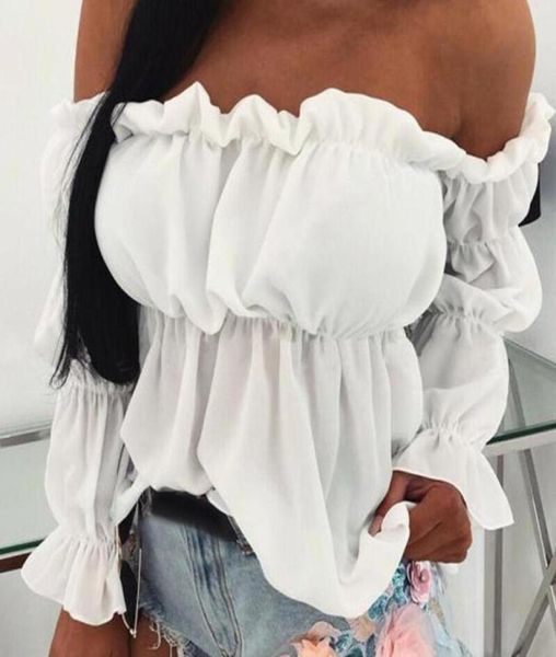 

women solid color long bubble sleeve off shoulder ruffled edges short leisure blouse women039s blouses shirts3314299, White