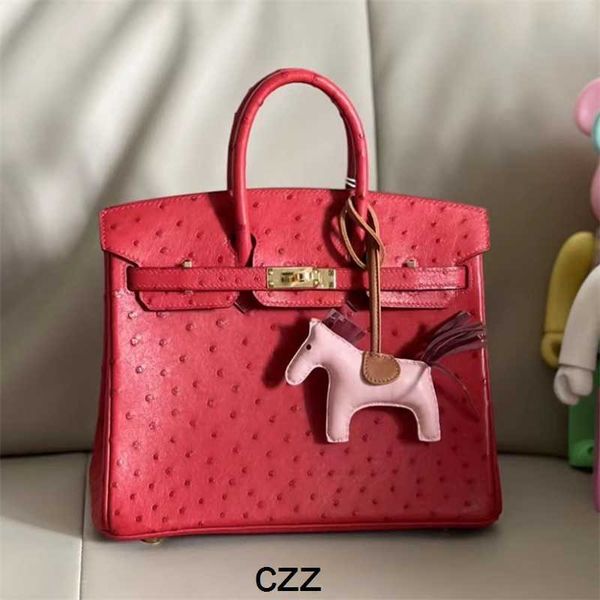 

ostrich handbag birkins women bags handmade wax thread sewing bag 25cm large red skin gold buckle high-end portable women's bag with lo