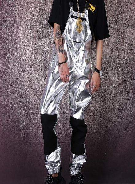 

men039s pants men streetwear hip hop punk silver leather overalls jumpsuit pant male women fashion casual bib harem trouser sta7662585, Black