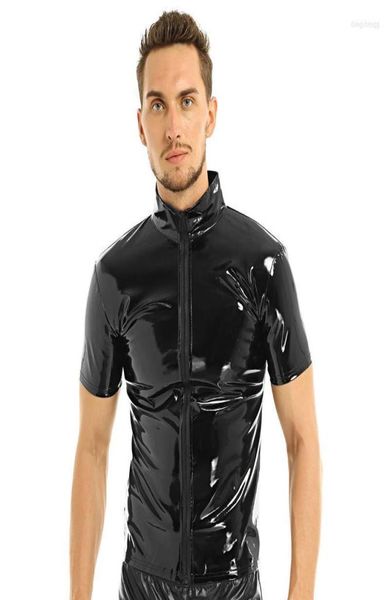 

men039s tshirts black mens tshirt pvc leather metallic novelty hipster clubwear stand collar short sleeves front zip u9063715, White;black