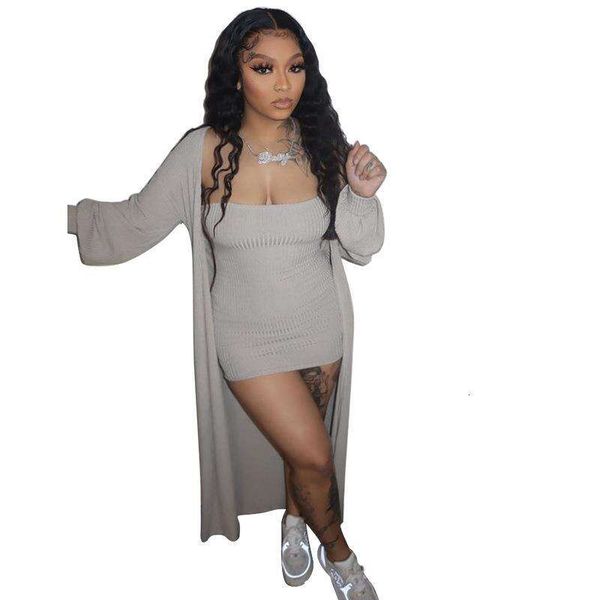

item title long sleeved jacket dress two piece knitted skirt, Black;gray