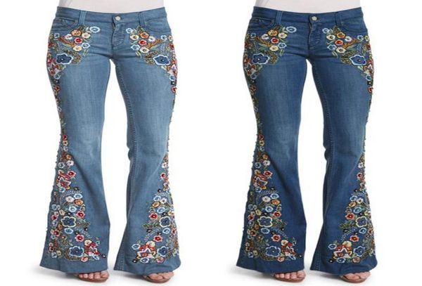 

women mom flare jeans vintage embroidery floral print button waist bell bottom denim pants women casual boyfriend jeans 2010122683032, Blue