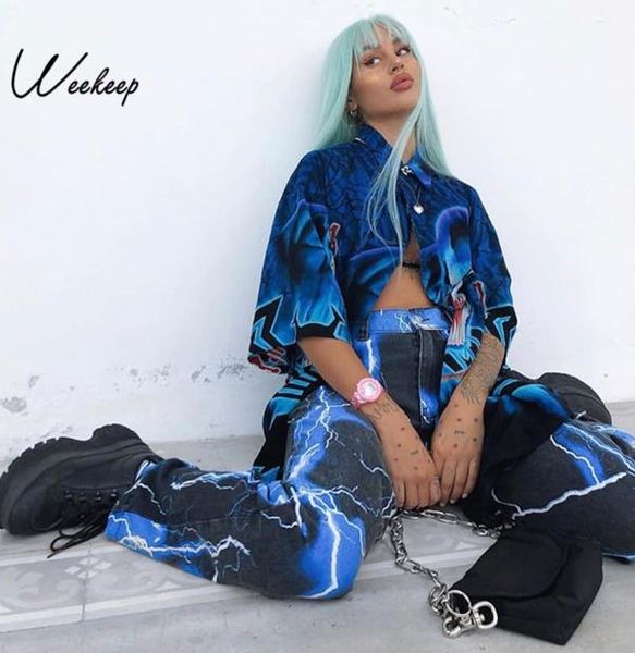 

weekeep streetwear printed button high waist pants women fashion straight pantalon femme trousers 20206604600, Black;white